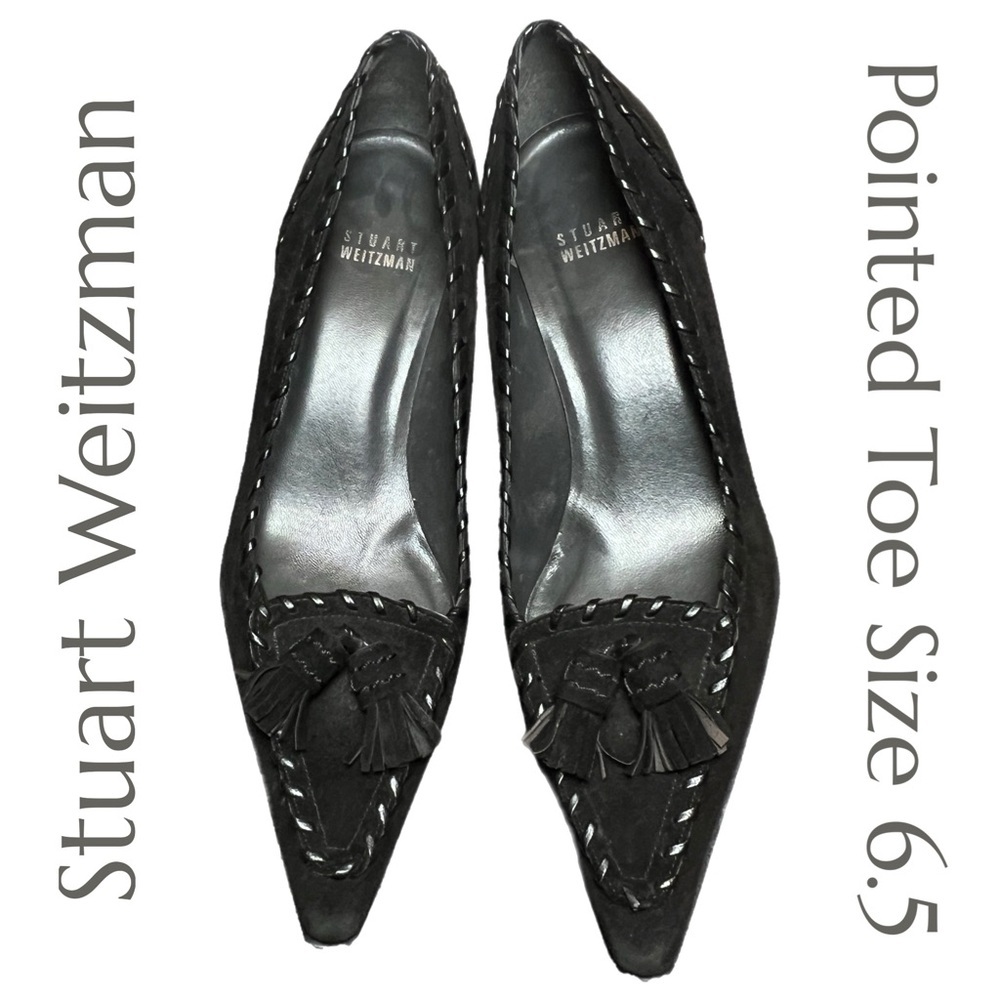 Stuart Weitzman Pointed Toe Heels Black Suede Tassels Size 6.5M